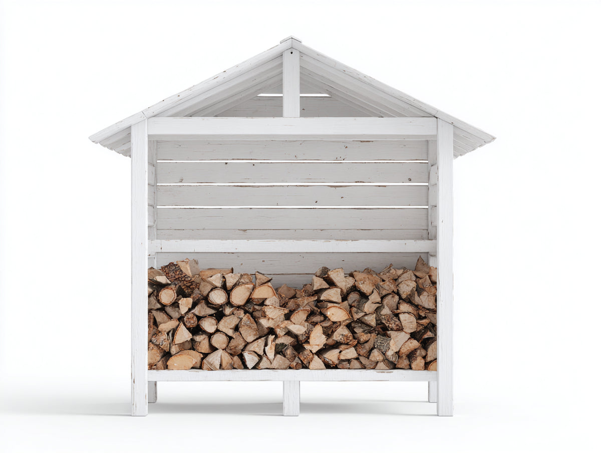 Leñero de exterior de madera 160x60x150 cm color blanco con techo protector para almacenamiento de leña estilo clásico