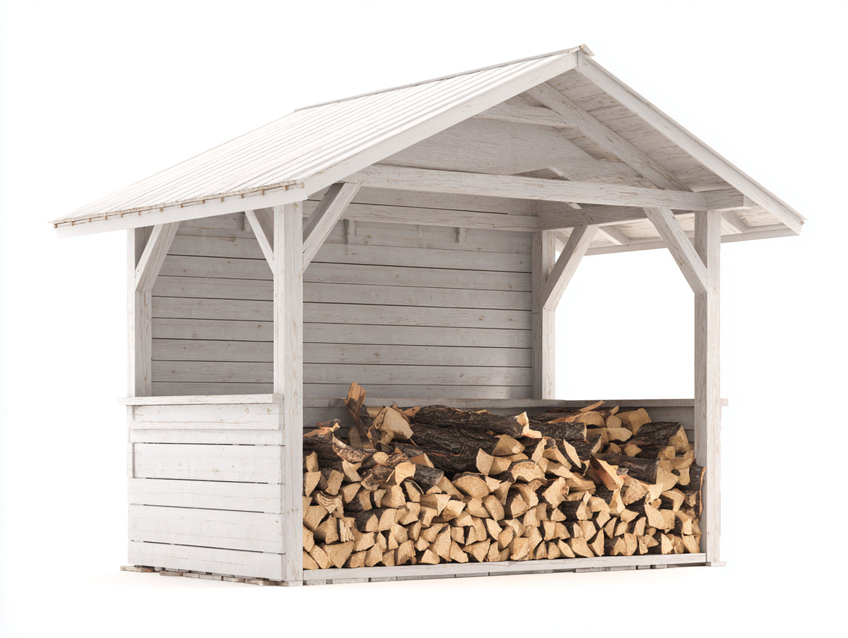 Leñero de exterior de madera - 220 x 120 x 200 cm - blanco - tejado a dos aguas y estructura abierta - diseño amplio para jardín