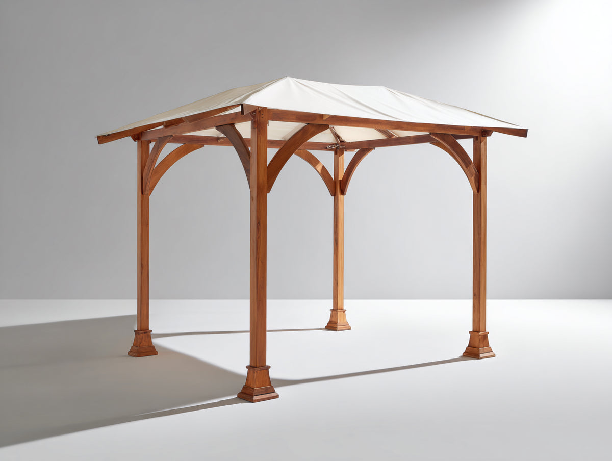 Pérgola de jardín de madera 300 x 300 x 250 cm - marrón natural y blanco - diseño cuadrado con cubierta textil