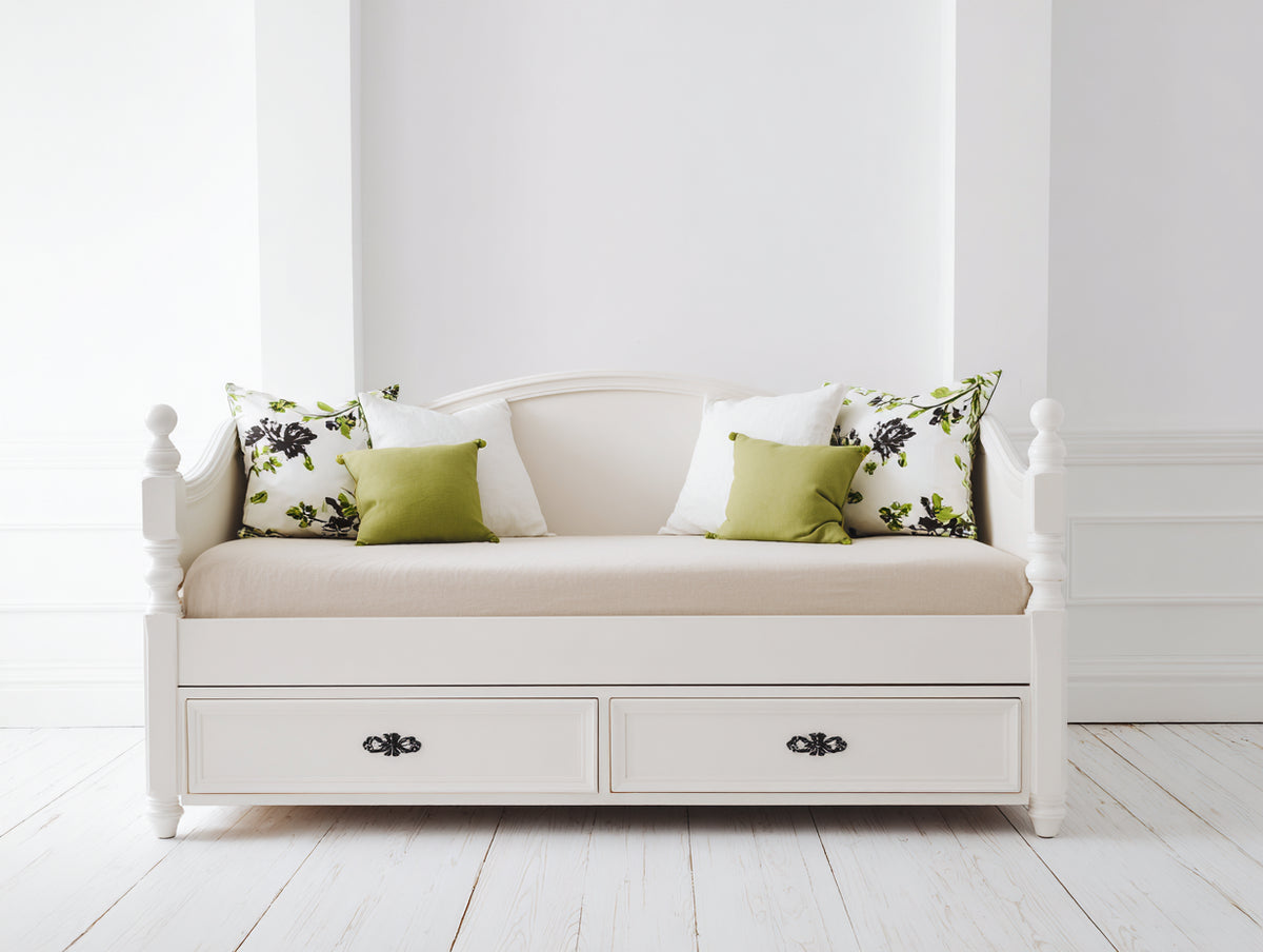 Sofás cama de madera 205 x 100 x 95 cm - blanco y beige - diseño clásico con 2 cajones inferiores