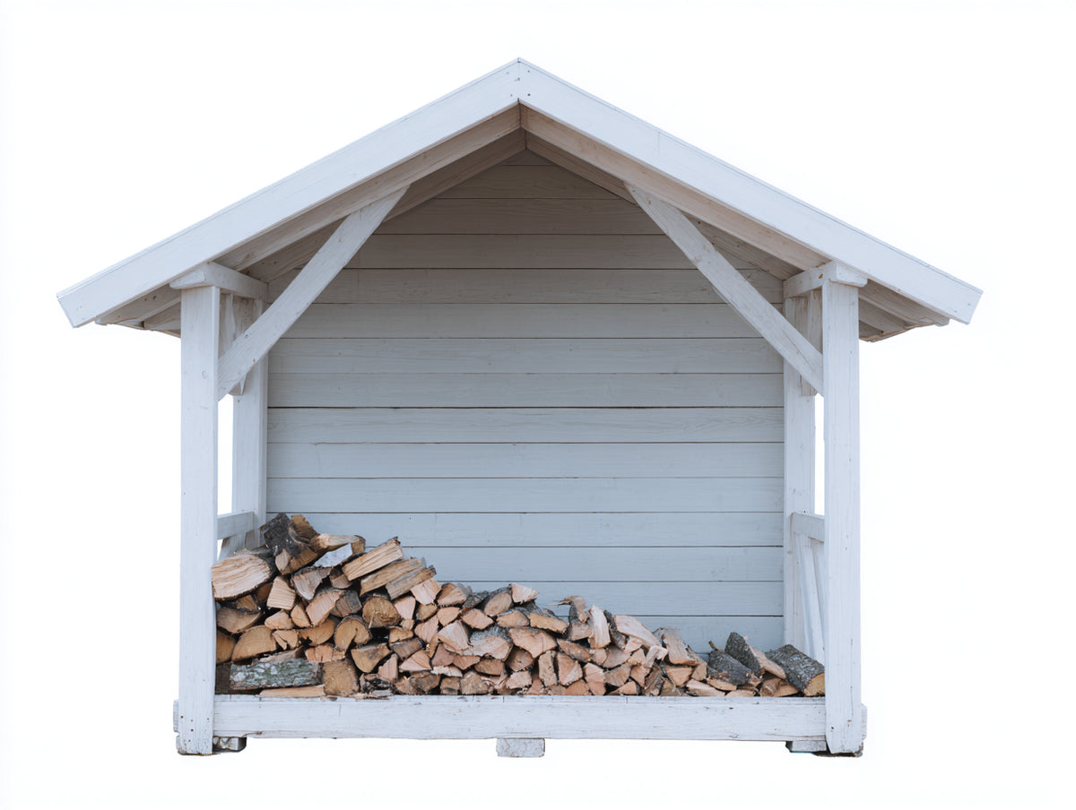 Leñero de exterior de madera 180x70x180 cm color blanco con techo protector para almacenamiento de leña estilo clásico