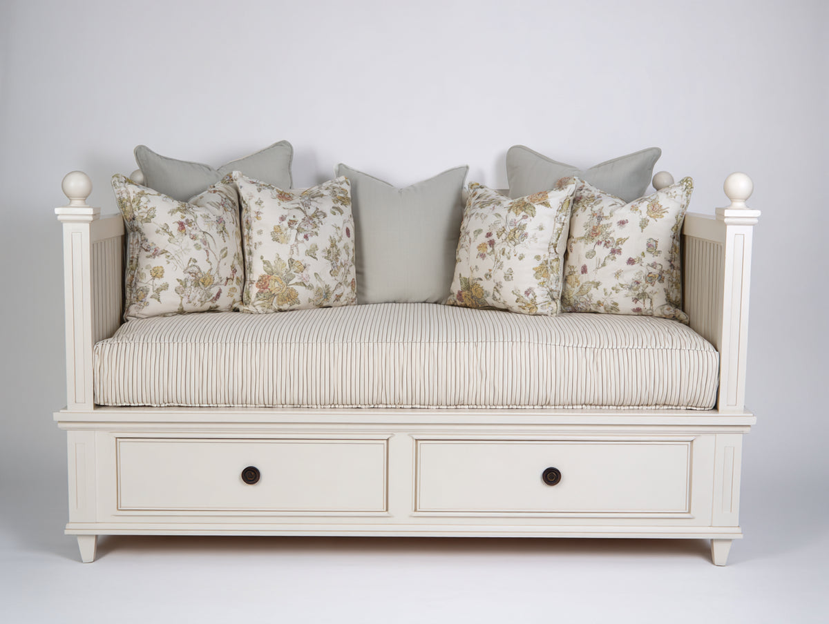 Sofás cama de madera y tejido 200 x 90 x 95 cm - blanco roto-beige - 2 cajones y diseño clásico