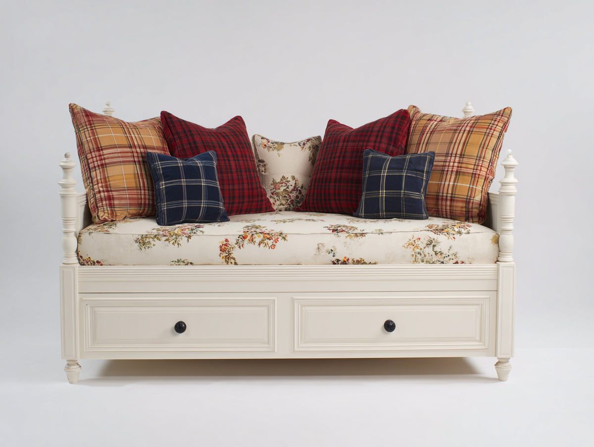 Sofás cama de madera y tejido 200 x 90 x 95 cm - blanco roto-beige - 2 cajones y diseño clásico