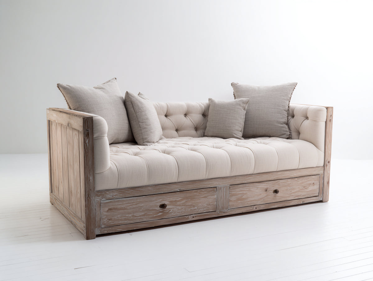 Sofás cama de madera 205 x 100 x 90 cm - marrón natural y beige - diseño tapizado con 2 cajones inferiores