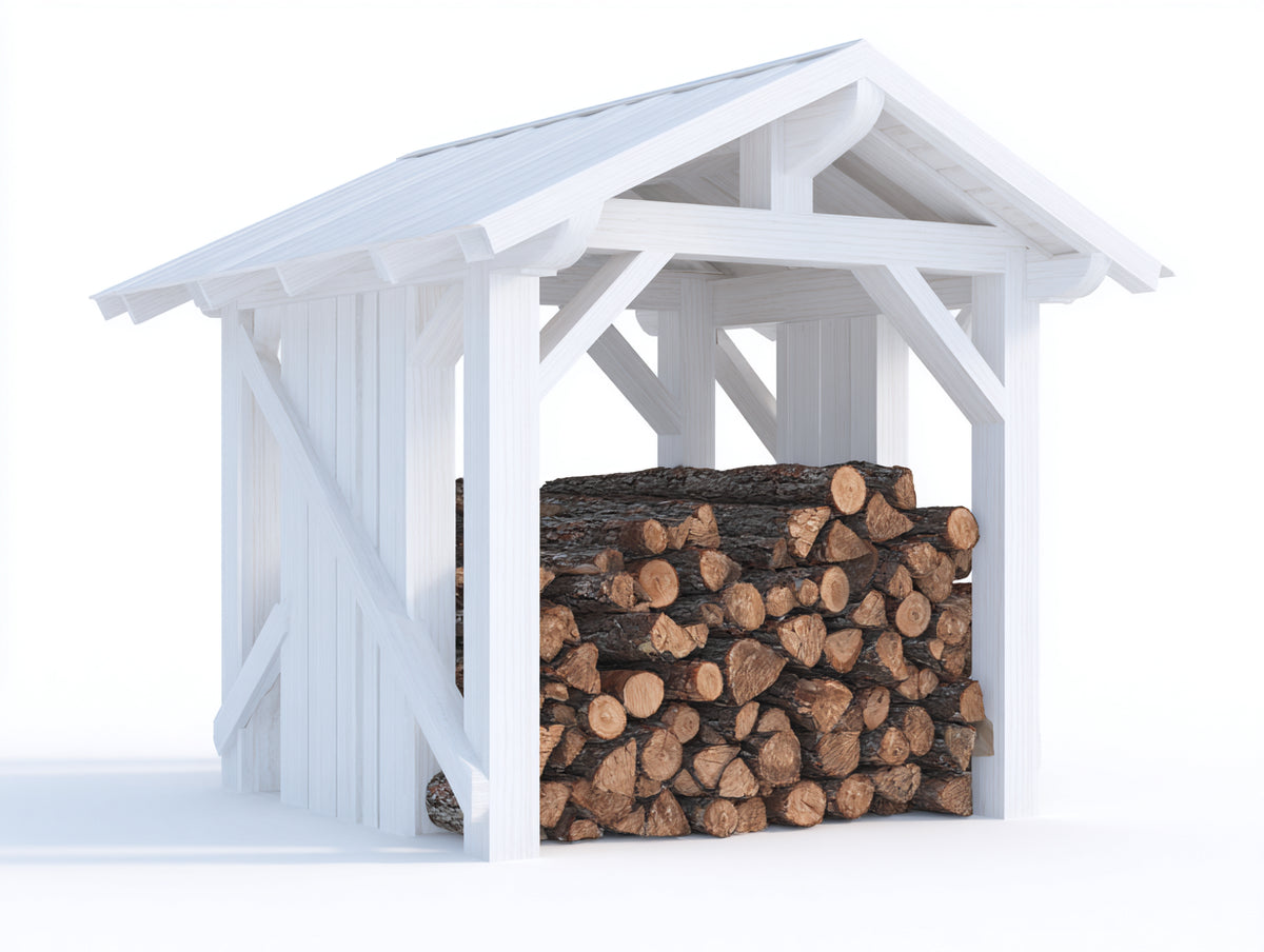 Leñero de exterior de madera 180 x 100 x 200 cm - blanco - techo a dos aguas y estructura abierta reforzada
