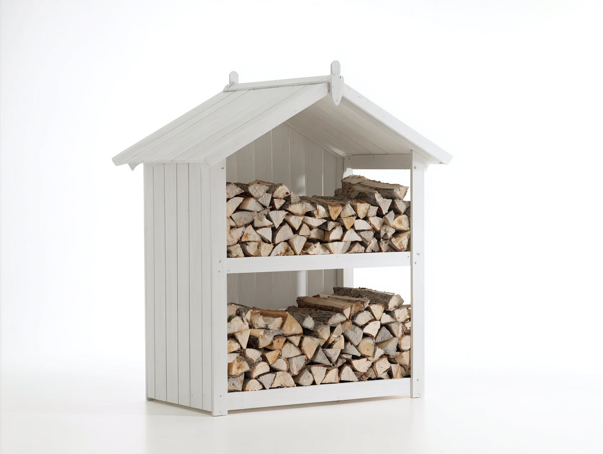 Leñero de exterior de madera 120 x 65 x 180 cm - blanco - diseño con techo inclinado y 2 niveles de almacenamiento