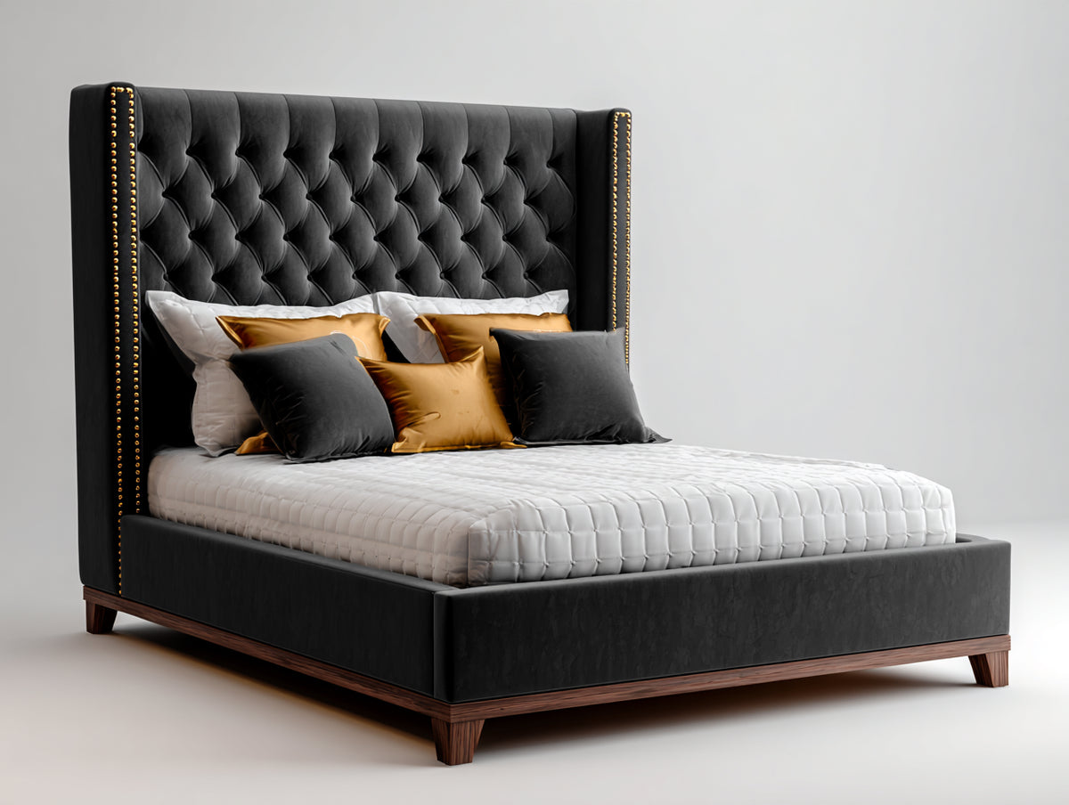 Camas dobles tapizada en terciopelo 215 x 185 x 140 cm - negro-madera oscura - cabecero capitoné con detalles dorados