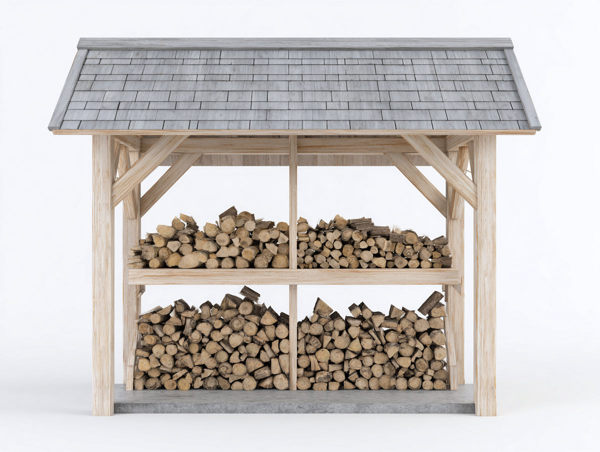 Leñero de exterior de madera 200 x 75 x 180 cm - marrón natural y gris - diseño abierto con techo inclinado y 2 niveles de almacenamiento