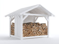 Leñero de exterior de madera 190x150x210 cm - blanco - diseño rústico con tejado a dos aguas