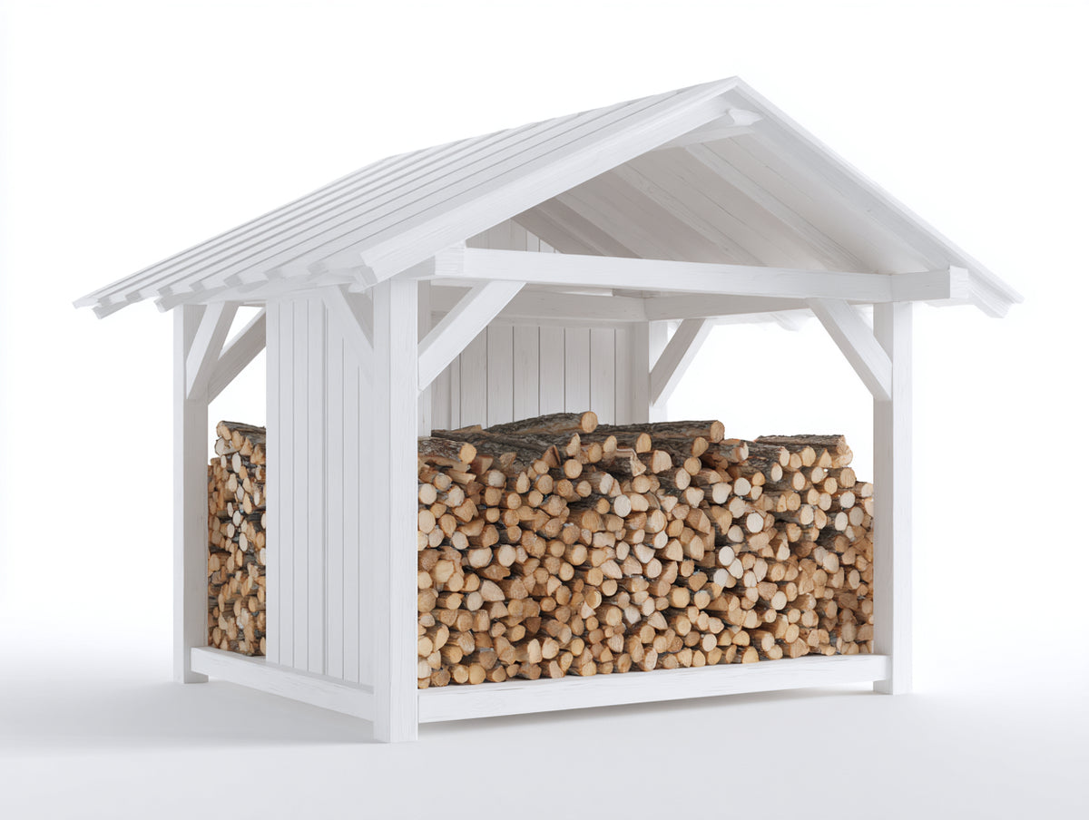 Leñero de exterior de madera 190x150x210 cm - blanco - diseño rústico con tejado a dos aguas