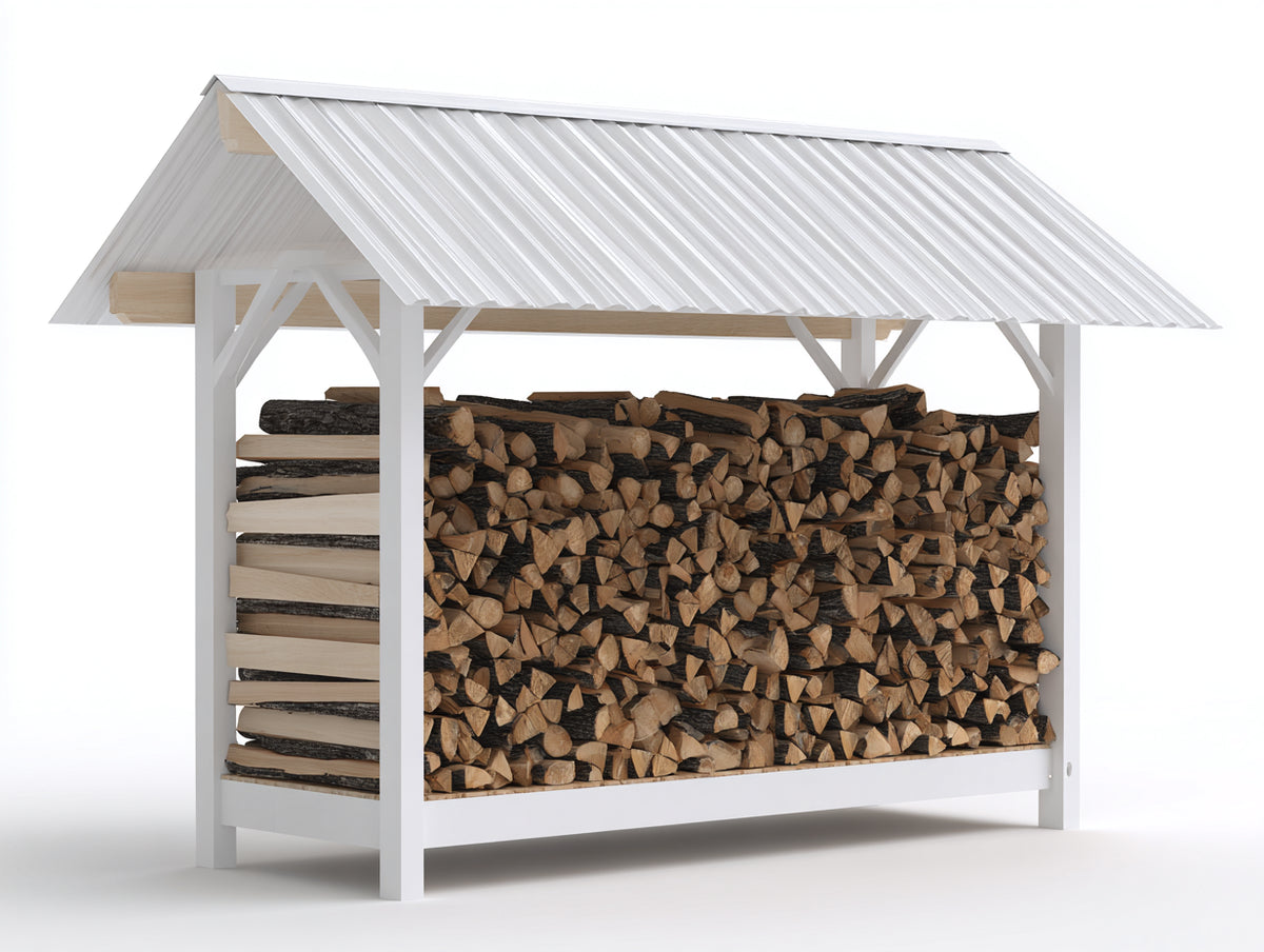 Leñero de exterior de acero 200x70x180 cm color blanco con techo protector para almacenamiento de leña estilo moderno