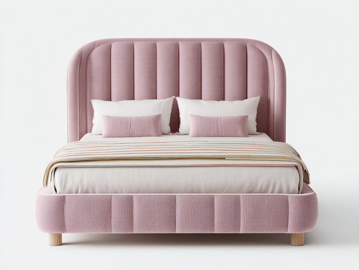 Camas dobles tapizadas en tejido - 215 x 180 x 140 cm - rosa claro - cabecero alto acolchado con diseño vertical