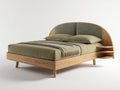 Camas dobles de madera 200 x 180 x 110 cm - marrón natural y verde oliva - cabecero tapizado con estantes laterales integrados