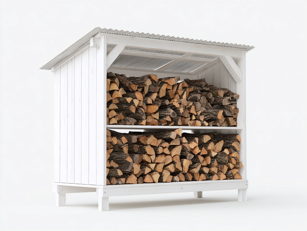 Leñero de exterior de madera - 180 x 80 x 180 cm - blanco - estructura cubierta con estante central - diseño funcional para jardín