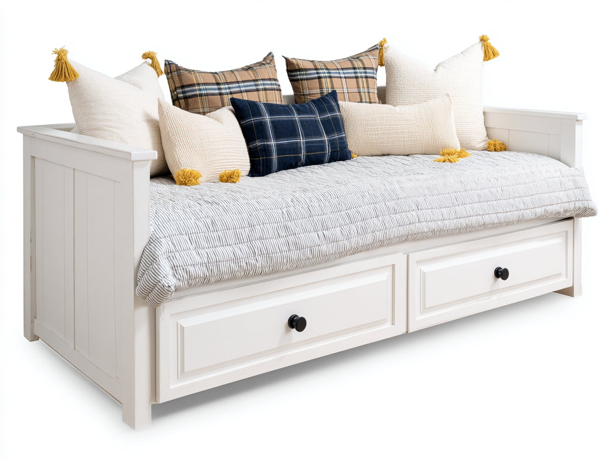Sofás cama de madera y tejido 200 x 90 x 95 cm - blanco-beige claro - 2 cajones y diseño clásico