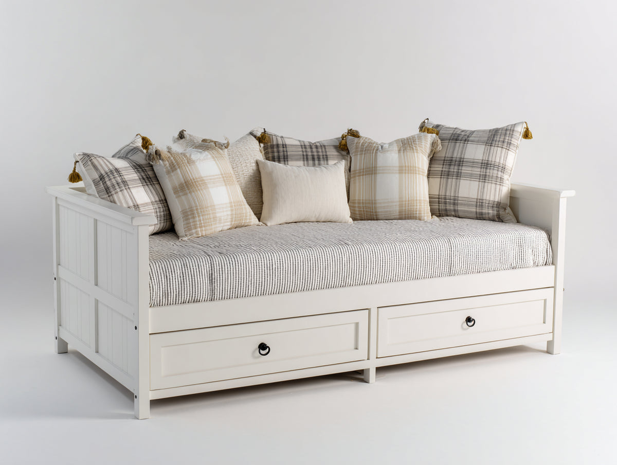 Sofás cama de madera y tejido 200 x 90 x 95 cm - blanco-beige - 2 cajones y diseño clásico