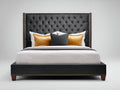 Camas dobles tapizadas 200 x 180 x 145 cm - negro y marrón oscuro - cabecero alto capitoné con detalles de tachuelas