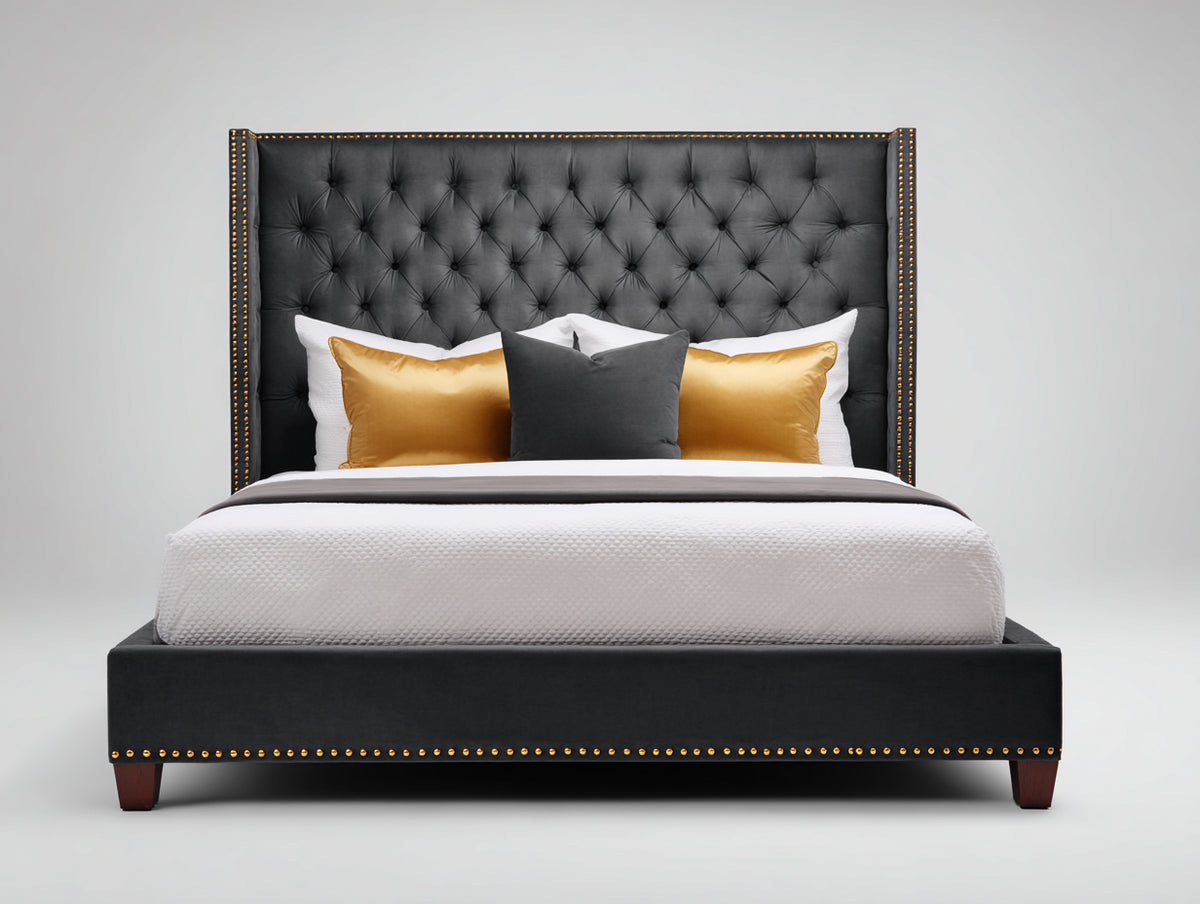 Camas dobles tapizadas 200 x 180 x 145 cm - negro y marrón oscuro - cabecero alto capitoné con detalles de tachuelas