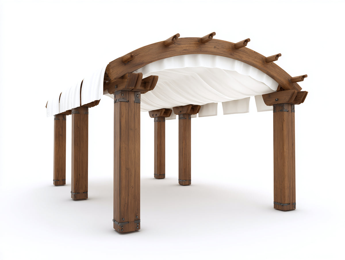 Pérgola de jardín de madera 300 x 300 x 250 cm - marrón y blanco - diseño arqueado con cubierta textil