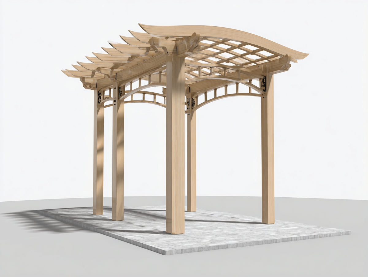 Pérgola de jardín de madera 350x300x250 cm color natural con techo abierto decorativo para exterior estilo moderno