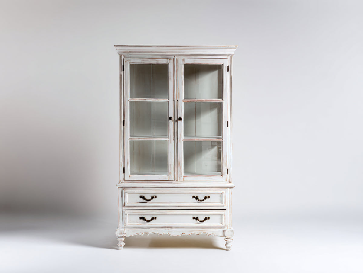 Vitrina de madera 100x40x190 cm color blanco con 2 puertas de cristal y 2 cajones para salón estilo clásico