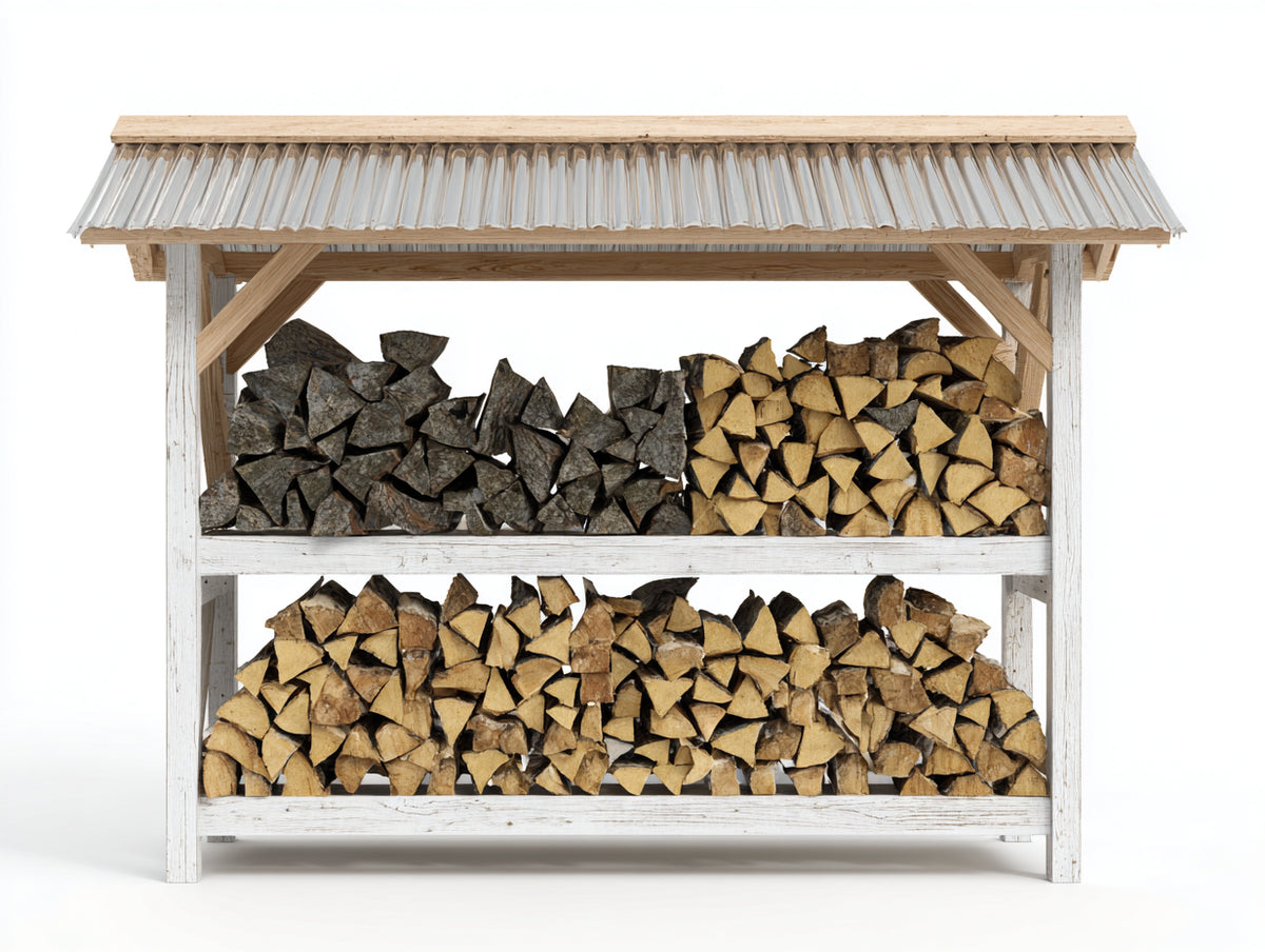 Leñero de exterior de madera 190 x 70 x 175 cm - blanco y marrón natural - diseño abierto con techo inclinado y 2 niveles de almacenamiento