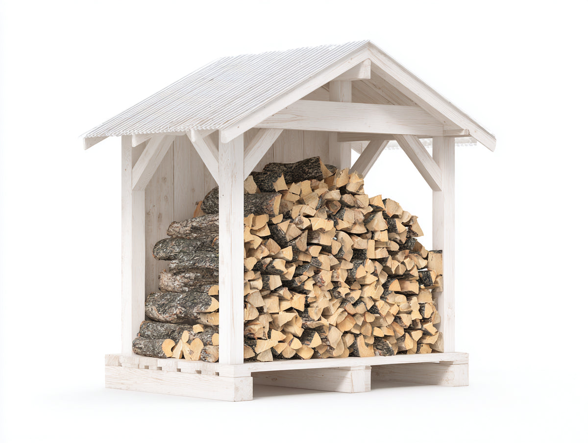 Leñero de exterior de madera 160 x 90 x 190 cm - blanco - techo a dos aguas y base elevada