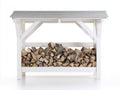 Leñero de exterior de madera 150x50x120 cm color blanco con techo protector para almacenamiento de leña estilo clásico