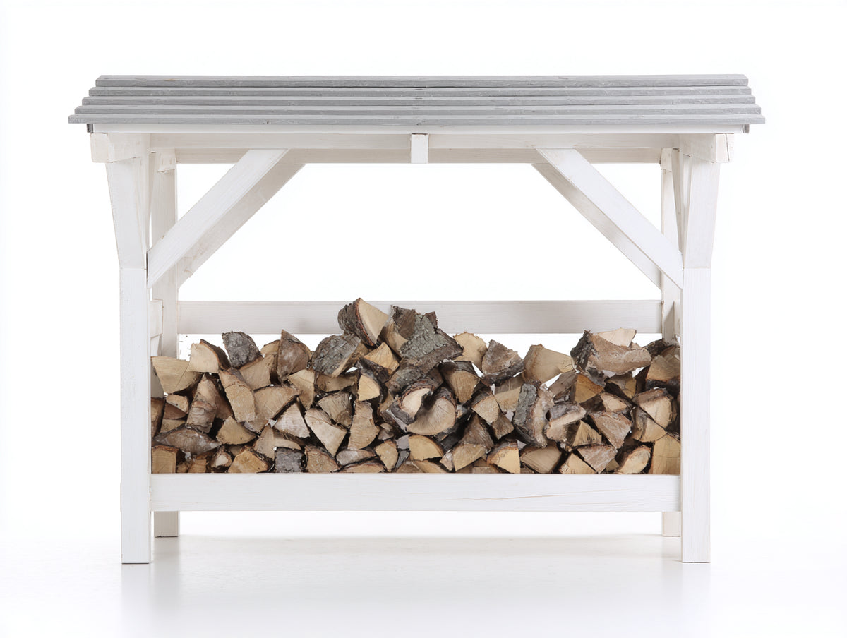 Leñero de exterior de madera 150x50x120 cm color blanco con techo protector para almacenamiento de leña estilo clásico