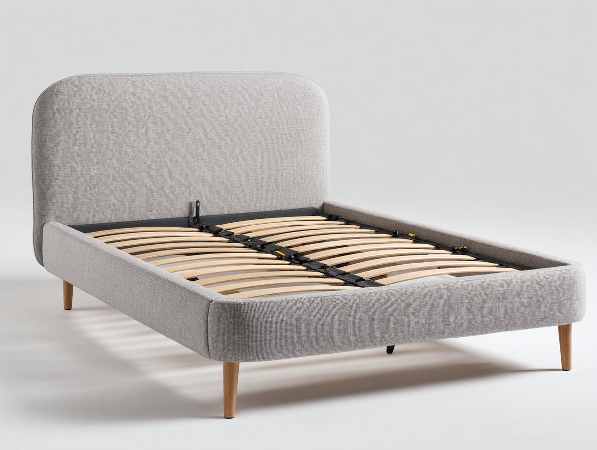 Camas dobles tapizadas en tejido - 215 x 170 x 110 cm - gris claro y madera natural - cabecero acolchado con somier de láminas - diseño moderno