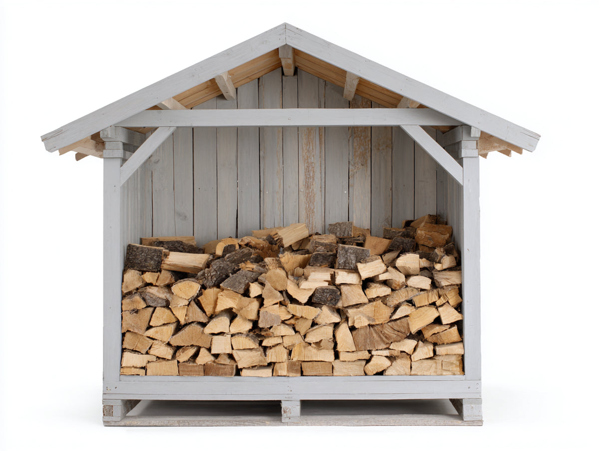 Leñero de exterior de madera - 180 x 80 x 175 cm - blanco - estructura cubierta con tejado a dos aguas - diseño abierto para jardín