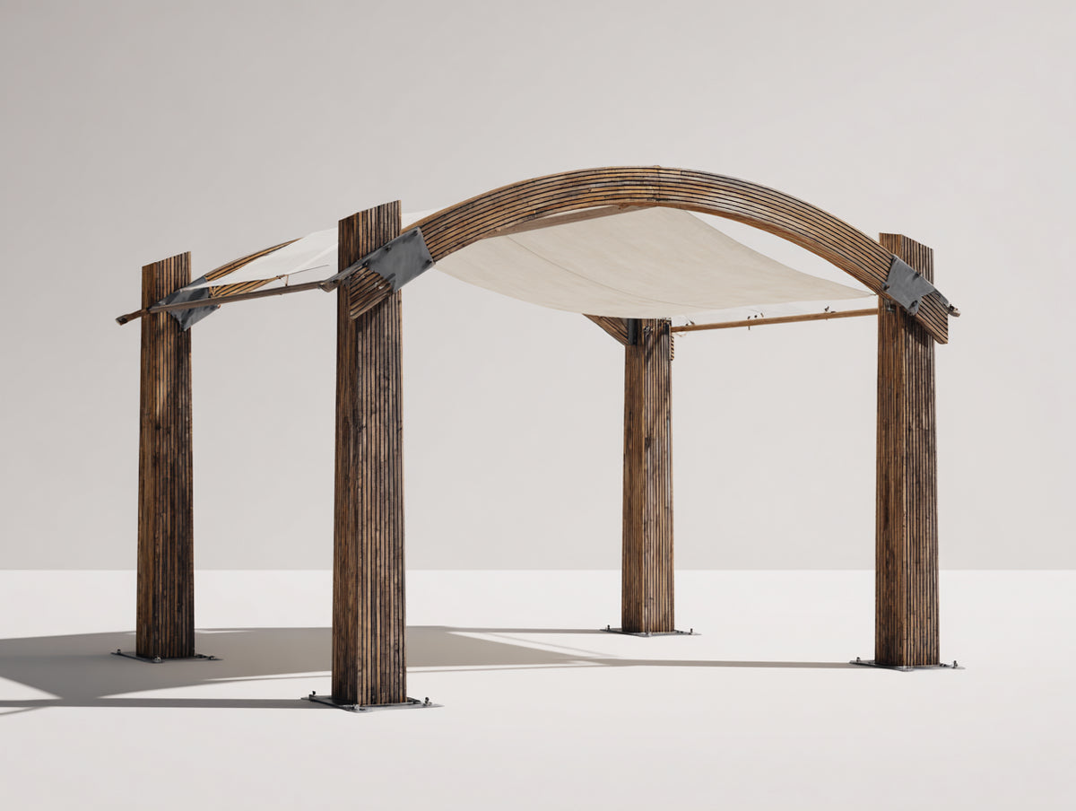 Pérgola de jardín de madera y metal 400 x 300 x 260 cm - marrón y marfil - cubierta textil y diseño arqueado